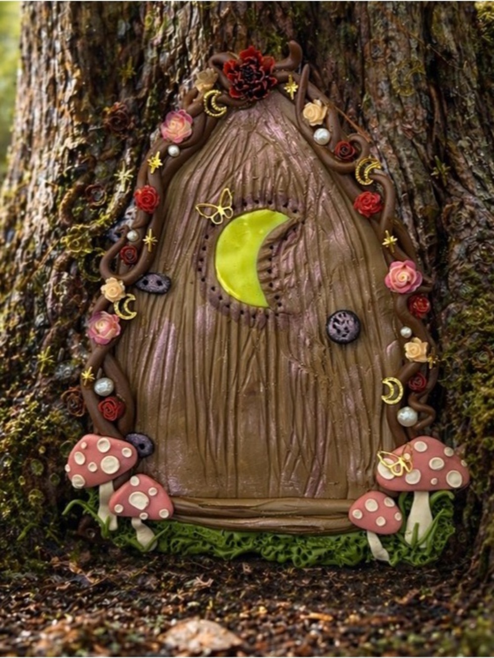 Handmade Fairy Door w/ Moon floral and Mushroom Accents 6” garden or nursery